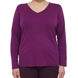 Lands End Women's XL Relaxed Cotton Long Sleeve V-Neck T-Shirt Purple